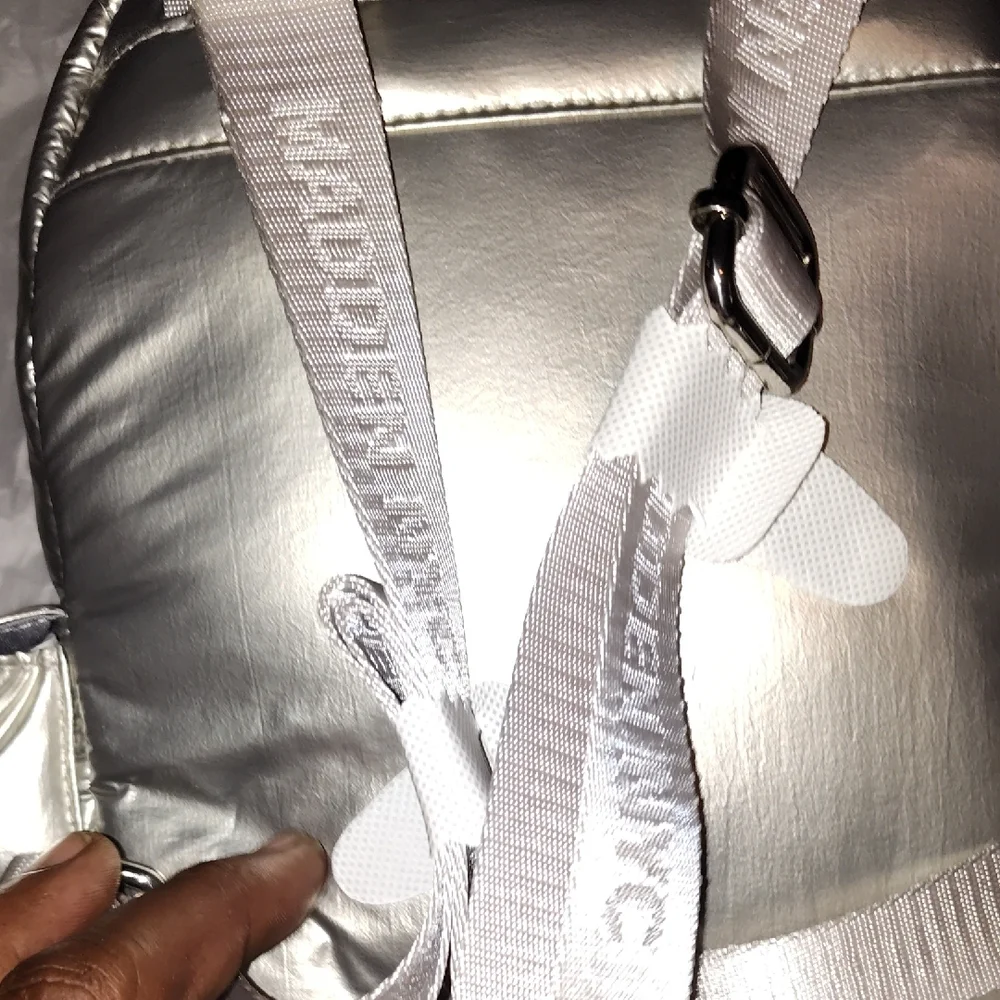 Steve Madden Silver Backpack. Front and side pockets.